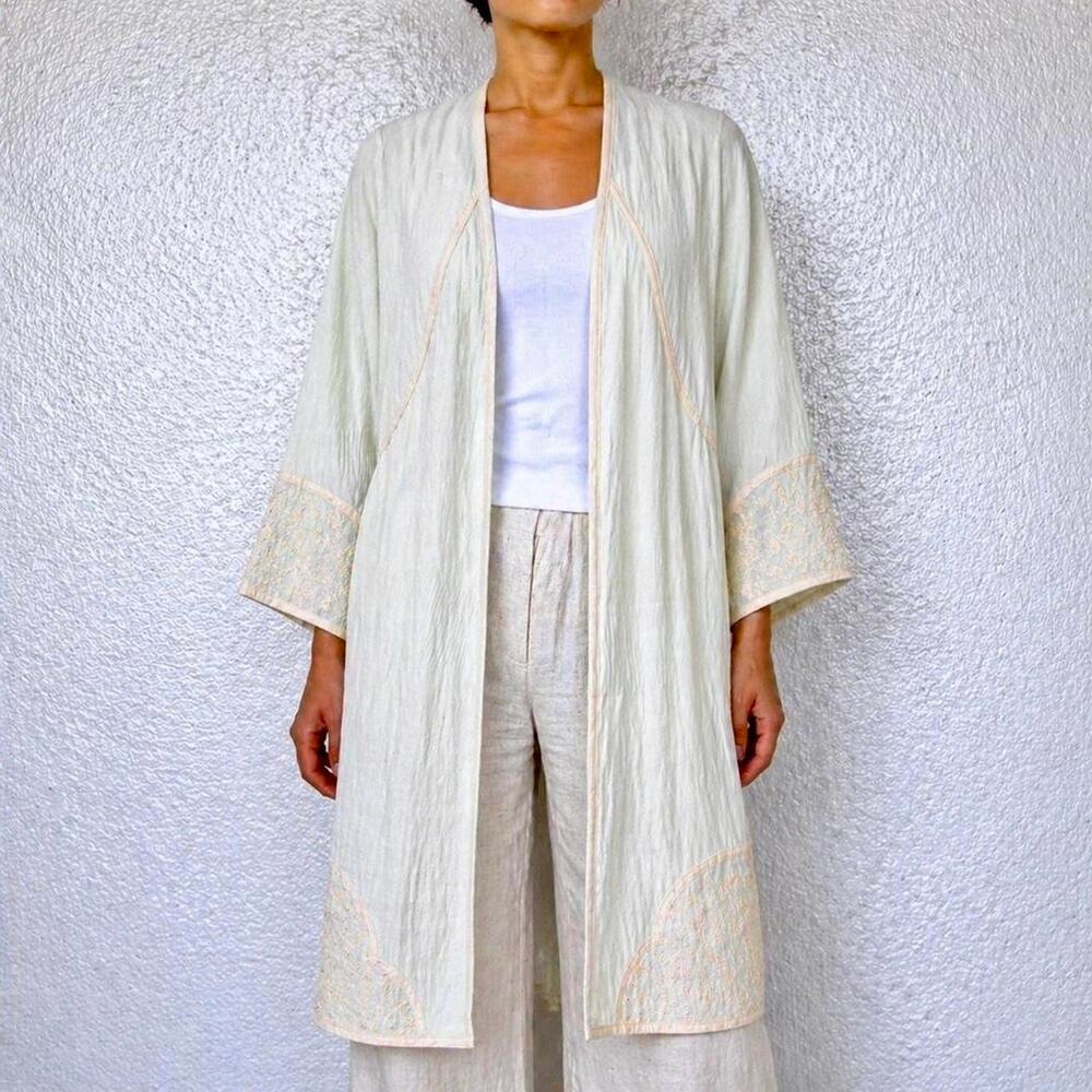 Anthropologie Vintage Style Euro Silk Sage Boho Kimono Robe Cover Up Size M/L